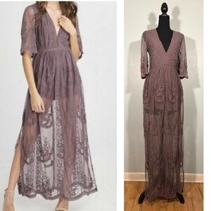 Wishlist Boho Lace Maxi Romper Size Medium, Sheer Grey Purple Neutral Dress